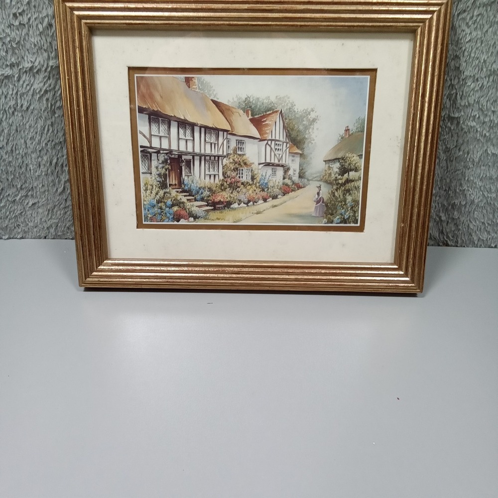 Vintage English Country Cottage Framed‎ Art Print Gold Fluted Frame 9.5x7.5